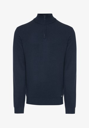 Marineblauer langärmliger Strickpullover mit Viertel-Reißverschluss am hohen Kragen sowie gerippten Bündchen und Saum.