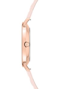 Runde Uhr mit einem Gehäuse aus roségold, silbernem Zifferblatt und einem weichen rosa Lederarmband. Verfügt über eine kleine runde Krone und eine glatte Oberfläche.