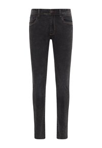 Fekete farmernadrág, slim fit fazonnal, öt zsebbel, kontrasztos varrással, és enyhén kopott textúrával. Nem kopott dizájn.