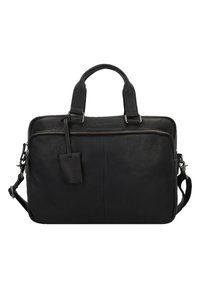Schwarze Leder-Laptoptasche mit zwei oberen Griffen, abnehmbarem Schultergurt, Reißverschluss und einem Label mit Logo auf der Vorderseite.