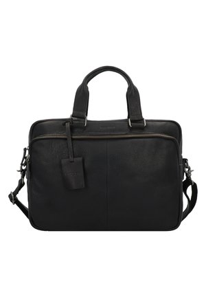 Borsa per laptop in pelle nera con doppi manici superiori, tracolla rimovibile, chiusura con zip e un'etichetta con logo sul frontale.