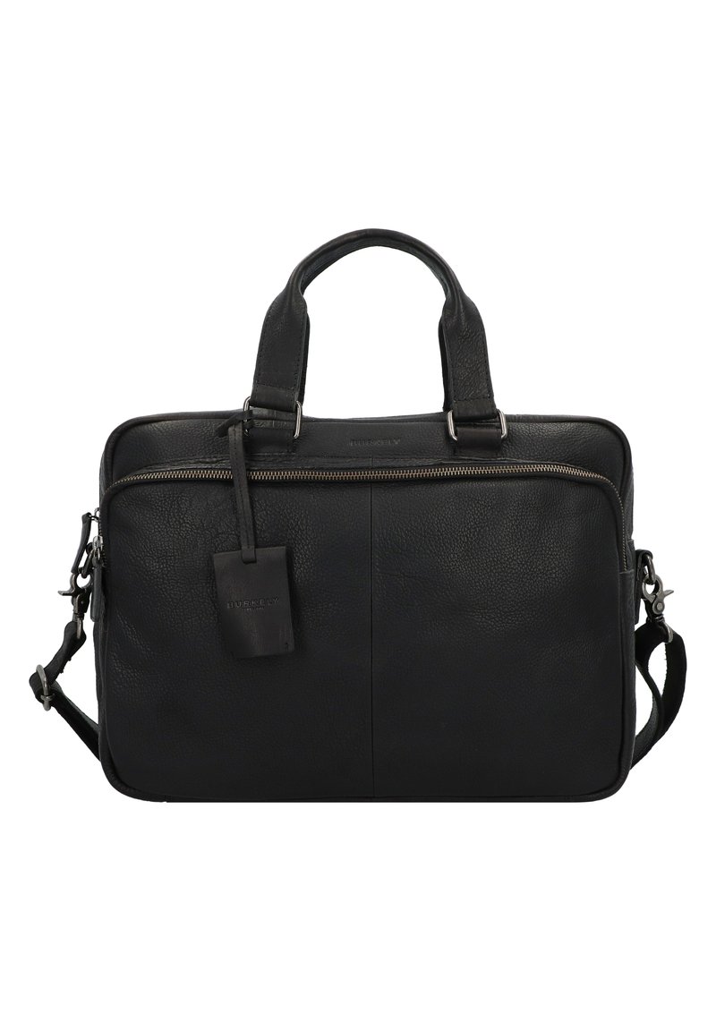Schwarze Leder-Laptoptasche mit zwei oberen Griffen, abnehmbarem Schultergurt, Reißverschluss und einem Label mit Logo auf der Vorderseite.