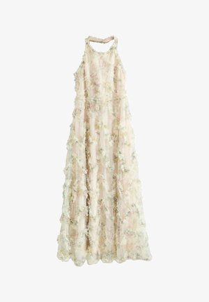 Bodenlanges, ärmelloses Kleid mit Neckholder, weichem rosa Blumenstoff und strukturierten 3D-Blumenapplikationen überall.