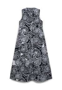 Vestito nero senza maniche con motivo a spirale astratta bianca a forma di conchiglia, scollatura a V e silhouette a trapezio, esposto su uno sfondo bianco.