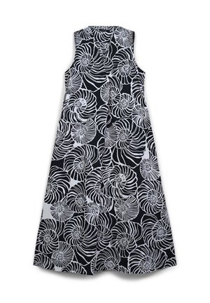 Vestito nero senza maniche con motivo a spirale astratta bianca a forma di conchiglia, scollatura a V e silhouette a trapezio, esposto su uno sfondo bianco.