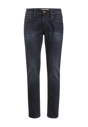 Donkerblauwe spijkerbroek met een rechte pijp, voorzien van contrasterende stiksels, vijf zakken en een knoopsluiting.