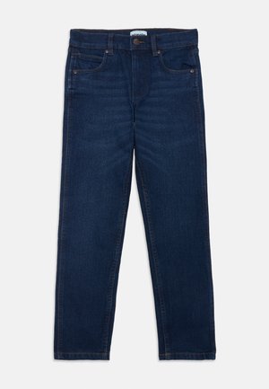 Dunkelblaue Jeans aus Denim mit geradem Beinschnitt, hellen Nähten, Fronttaschen und einem Knopfverschluss an der Taille.