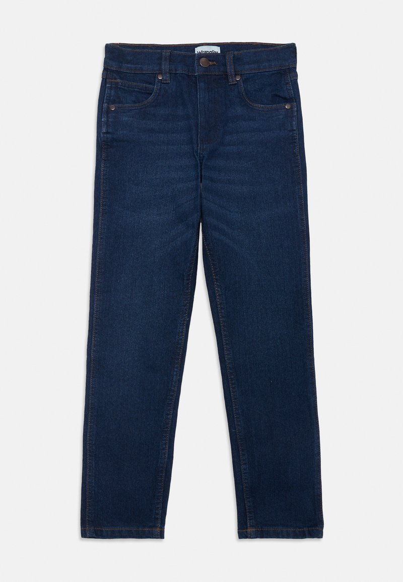 Tamsiai mėlynos džinsinės kelnės su tiesia kojų forma, šviesiais siūlais, priekinėmis kišenėmis ir sagte prie juosmens.