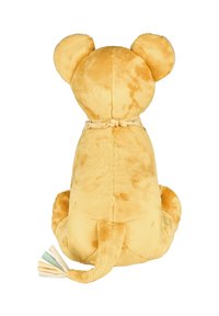 Plush yellow lion toy with round ears, soft fur, a tail with fabric accents, and a tied ribbon around the neck, viewed from the back.