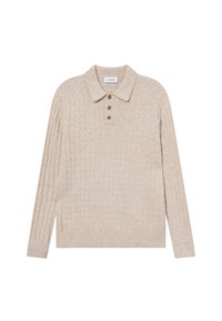 Bežs adīts džemperis ar teksturētu režģa rakstu, ar apkakli un trīs pogu slēdzēju, ribotām malām un piedurknēm.