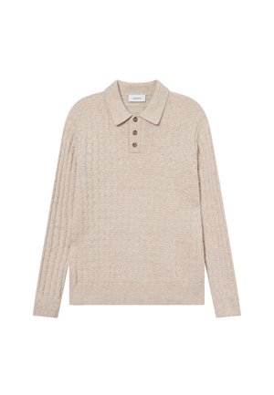 Beige kötött pulóver, texturált rácsos mintával, gallérral és három gombos légzéssel, bordás aljjal és mandzsettával.