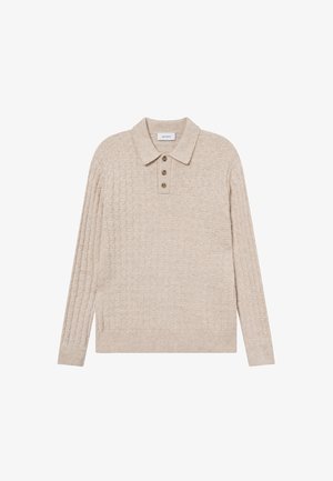Béžový pletený sveter s textúrovanou mriežkovou vzorom, má golier a trojité zapínanie na gombíky, rebrovaný spodný lem a manžety.