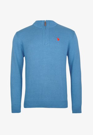Light blue knitted sweater with a high collar and half zipper. Features a small red logo on the left chest and ribbed cuffs and hem.