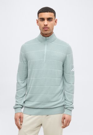 Vyras dėvi šviesiai žalią megztinį su ketvirčio užtrauktuku, su ribotu apykakle ir rankogaliais, dėvi smėlinio spalvos kelnes, stovi priešais paprastą šviesią foną.