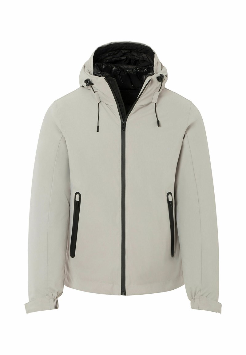 Lichtgrijze hooded jas met een rits aan de voorkant, zwarte binnenvoering, trekkoorden op de capuchon en zwarte ritszakken aan de zijkanten.