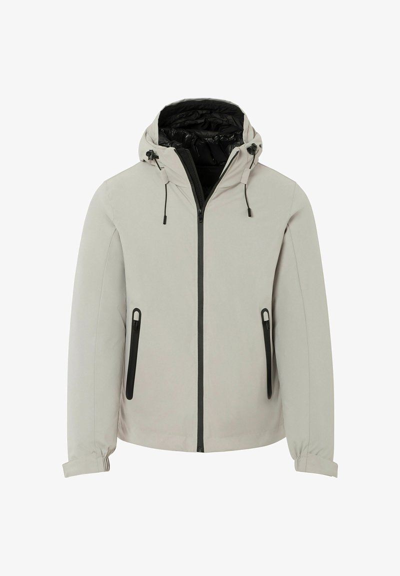 Hellgraue Kapuzenjacke mit Frontreißverschluss, schwarzem Innenfutter, Kordelzügen an der Kapuze und schwarzen Reißverschlusstaschen an den Seiten.