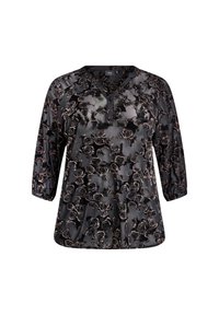 Čierna blúzka s kvetinovým vzorom v odtieňoch medi. Má okrúhly výstrih, rukávy po tri štvrtiny a voľný strih. Mäkká, hodvábna textúra.