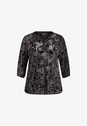 Blusa negra con un patrón floral en tonos de cobre. Presenta un escote redondo, mangas de tres cuartos y un corte holgado. Textura suave y sedosa.