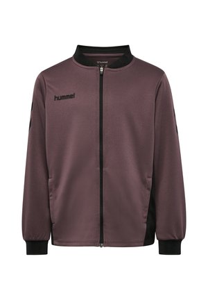 Langærmet brun sport jakke med lynlås, sort krave, manchetter, sidepaneler og hummel-logo på venstre bryst og ærmer.