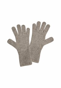 Guanti marroni a maglia con polsino a coste, caratterizzati da una texture morbida e cinque scomparti per le dita per una maggiore destrezza e calore.