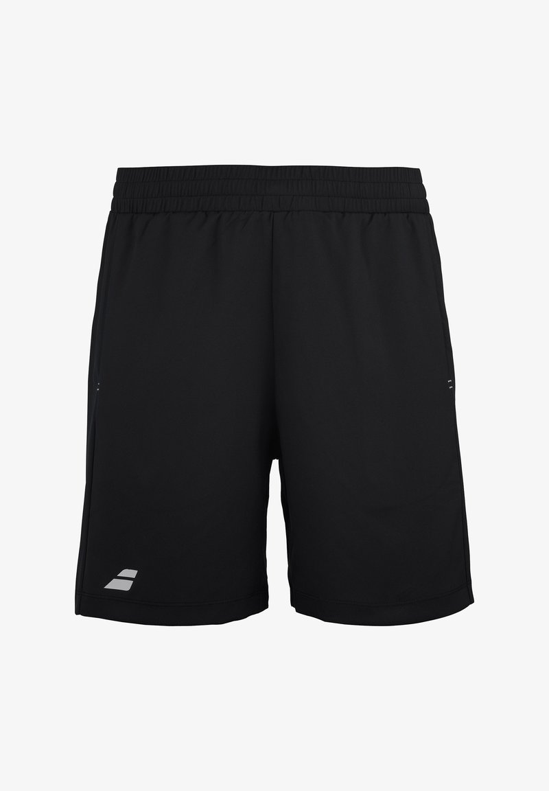Schwarze sportliche Shorts aus leichtem Material. Mit einem elastischen Bund, flachen Nähten und einem kleinen reflektierenden Logo auf der linken Seite.
