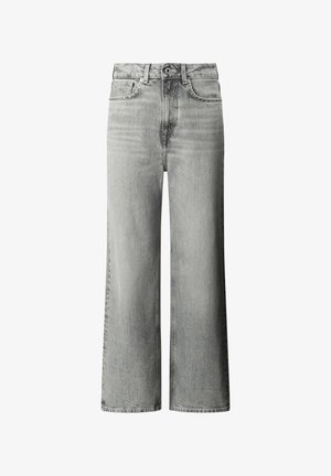 Lichtgrijze denim wijde broekspijpen jeans met een hoge taille, rechte snit, ontwerp met vijf zakken en metalen knoopsluiting. Zachte textuur met minimale vervaging.