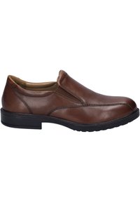 Braune Leder-Schlupfschuhe mit abgerundeter Spitze, elastischen Seitenpaneelen und einer schwarzen Gummisohle; verfügen über subtile Nähte und eine glatte Oberfläche.