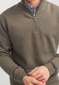 Lichtbruine trui van zacht, gestructureerd materiaal. Voorzien van een halfritskraag en geribbelde manchetten. Eronder is een gestreept overhemd met kraag zichtbaar.