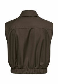 Donkerbruin mouwloos vest met kraag en elastische tailleband, van achteren getoond op een witte achtergrond.