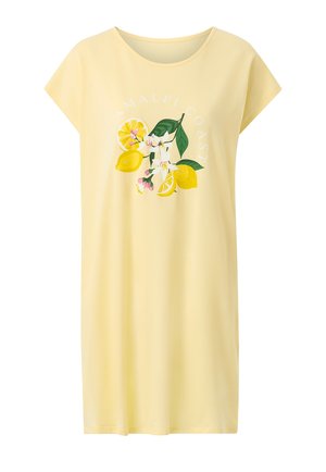 Żółta sukienka z krótkim rękawem z grafiką cytryny i kwiatów oraz napisem "Wybrzeże Amalfi" na piersi.