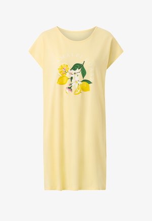 Geel kort mouw jurk met citroen- en bloemafbeelding en de tekst "Amalfi Coast" op de borst.