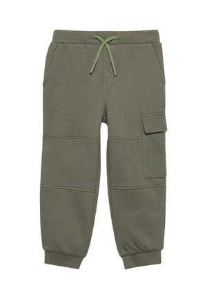 Kinder-Jogginghose in Olivgrün mit elastischen Bündchen, vorderen Taschen, einer seitlichen Cargotasche und einem grünen Kordelzug am Bund.
