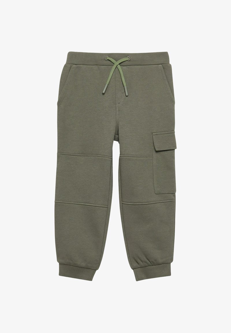 Pantalon de jogging pour enfants vert olive avec poignets élastiques, poches avant, une poche cargo latérale et une taille à cordon vert.