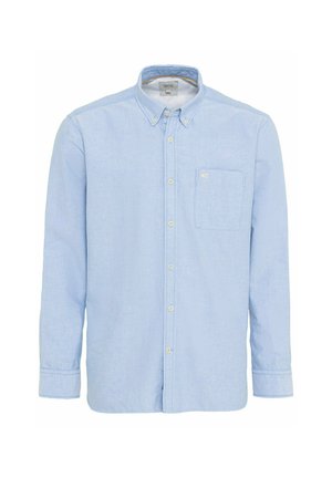 Light blue button-up shirt with long sleeves, single chest pocket, and a subtle texture. Features a classic collar and matching buttons.