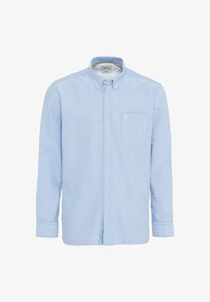 Chemise boutonnée légère bleue avec manches longues, poche poitrine unique et une texture subtile. Comprend un col classique et des boutons assortis.