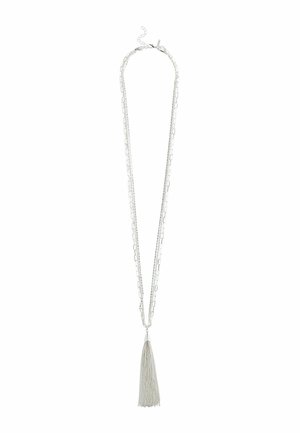 Silver chain necklace with double layered links and a long tassel pendant hanging from the center.
