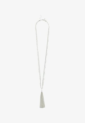 Silver chain necklace with double layered links and a long tassel pendant hanging from the center.