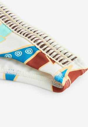 Bunt gemusterter Bikiniunterteil mit geometrischem Muster in Blau, Braun und Creme, mit strukturiertem elastischen Abschluss und weichem Stofffinish.