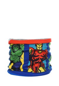 Bufanda tubular multicolor con ilustraciones de Hulk y Iron Man sobre un fondo azul, con ribetes en rojo y gris. Tejido suave y elástico.