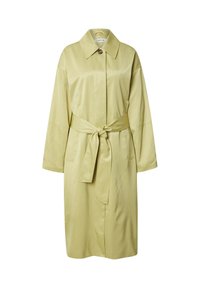 Helle gelbe Trenchcoat mit einem Kragen, Knopfverschluss und einem gebundenen Gürtel. Verfügt über lange Ärmel und Seitentaschen, hergestellt aus einem glatten Material.
