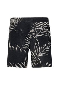Czarne szorty z białym wzorem tropikalnych liści, elastycznym pasem i dwiema tylnymi kieszeniami. Wykonane z lekkiego materiału o teksturowanym wykończeniu.