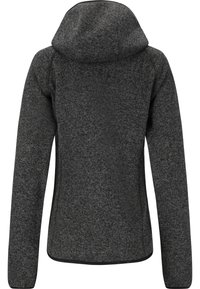 Veste à capuche gris foncé avec un motif tricoté texturé, dotée d'une coupe ajustée et de manches longues, finie par un ourlet.