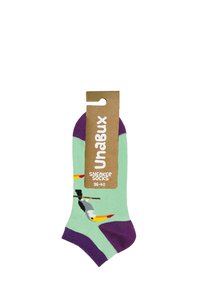 Calzini realizzati in misto cotone con una base verde menta, risvolto viola e un motivo di uccelli colorati. L'etichetta indica la taglia 36-40.