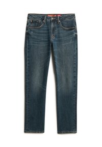Jeans de mezclilla azul con un diseño de pierna recta, que cuentan con un lavado desvanecido, cinco bolsillos y detalles de costura a lo largo de las costuras y la cinturilla.