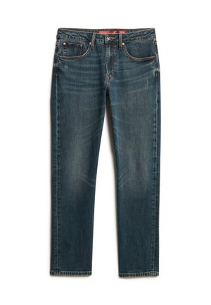 Jeans de mezclilla azul con un diseño de pierna recta, que cuentan con un lavado desvanecido, cinco bolsillos y detalles de costura a lo largo de las costuras y la cinturilla.
