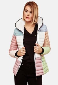 Padded jacket in pastel colors: light blue, pink, white, and green. Features a zip front, high collar, and ribbed cuffs. Smooth texture.