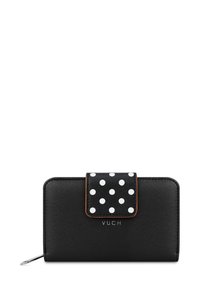 Black wallet made of textured material, featuring a polka dot flap, orange stitching, and a zip closure. "VUCH" logo embossed on the front.