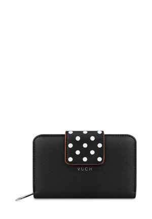 Black wallet made of textured material, featuring a polka dot flap, orange stitching, and a zip closure. "VUCH" logo embossed on the front.