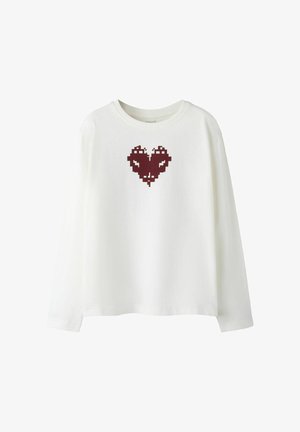 Weißes Langarm-T-Shirt aus Baumwolle mit einem pixelartigen Herz in Dunkelrot in der Mitte. Rundhalsausschnitt mit geripptem Saum.