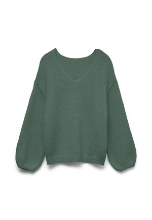 Løs, mørkegrønn, langermet strikkegenser med V-hals og ribbestrikkede mansjetter og kant.